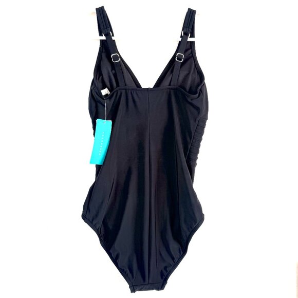Aqua Green Surplice Adjustable Tummy Compression One Piece Swimsuit S Black NEW - Picture 2 of 6